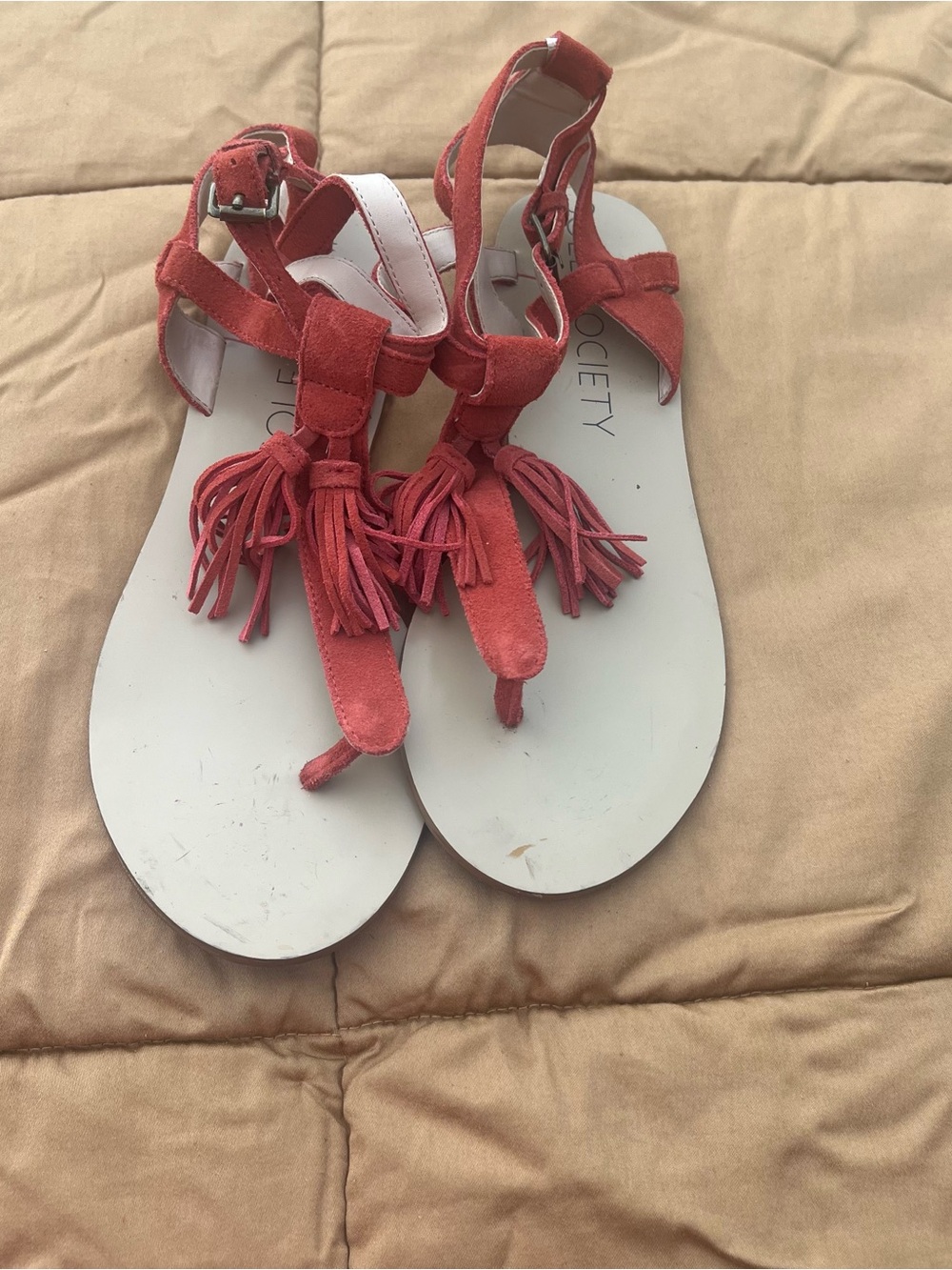 Sole Society Orange Tassel Suede Thong Ankle Strap Sandals Size 8 Festival Boho
